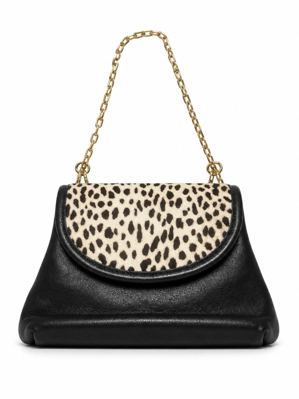 Vintage Black Leather Handbag with Leopard Print Flap and Gold Chain